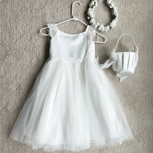 DAVID'S BRIDAL crochet cap sleeve ruffle flower girl dress, basket, head wreath